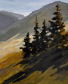 an oil painting of some trees on a hill