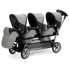 four baby strollers are shown with their seats folded up and facing the same direction