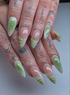 Green Aura Nails, Elegant Almond Nails, Aura Nail, Overlay Ideas, Trendy Almond Nails, Almond Gel Nails, Girly Acrylic, Nail Looks, Amazing Nails