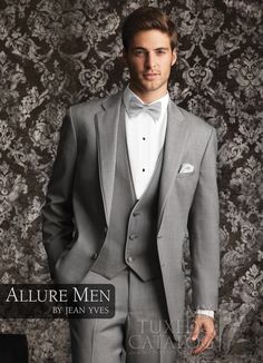 Heather Grey 'Allure' Tuxedo. But with ties. Groom with the jacket on and groomsmen with just the vests. They are going to look soo handsome! Wedding Decisions, Allure Men, Groomsmen Grey, Grey Suit Wedding, Grey Tuxedo, Groom Suits, Wedding Tux, Prom Tuxedo, 00 Fashion