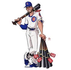 a drawing of a baseball player holding a bat and two bats in his hands while standing next to each other