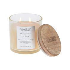 Better Homes and Gardens Salted Honey & Vanilla - This 12oz 2-Wick printed ombre haven glass candle with a wooden lid from Better Homes & Gardens is filled with a specially crafted paraffin wax that is hand poured to create a consistent and pleasant burn experience. The candle gives off a warm, golden light and fills the room with an indulgent fragrance. With scent notes of golden honey and a pure vanilla blend with rich whipped cream and a sprinkle of rich sea salt The contemporary ombre printe Wooden Lid Candle, Bur Basket, Macadamia Milk, Sented Candles, Vanilla Candles, Brown Candle, Den Room, Hello Kitty Decorations, Bedroom Plan