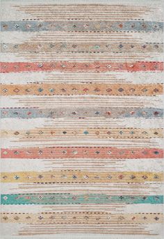 an area rug with multicolored stripes on the side and fringes in different colors