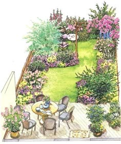 a drawing of an outdoor dining area with flowers and plants on the side walk way