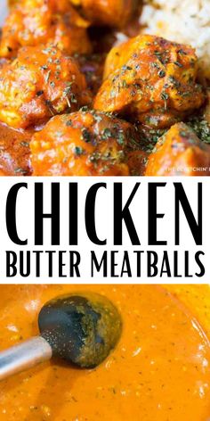 chicken butter meatballs in a bowl with a spoon