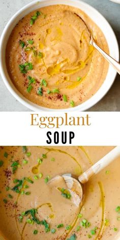 eggplant soup in a white bowl with a spoon and green garnish