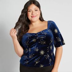 Modcloth X Collectif Star Print Top Nwt Velvet Material Navy And Gold Zips In Back Us Size 26 Tags: Holiday Plus Plus Size Celestial Witchy Velvet Ethereal Party New Year Celestial Pattern, Many Eyes, Celestial Shirt, Sweetheart Neckline Top, Classic Feminine, Feminine Details, Half Sleeve Tops, Princess Seams, Decorative Buttons