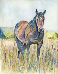 a painting of a horse running through a field