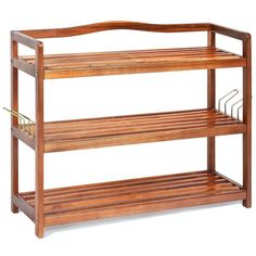 a wooden shelf with three shelves on each side and two metal hooks hanging from the bottom