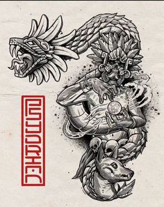 an old school style tattoo design with a dragon and dog on it's back