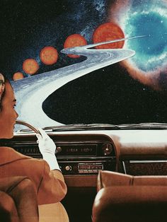 a woman driving a car in front of an image of planets