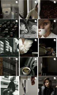 a collage of black and white photos with coffee in the foreground, an image of a woman drinking from a cup