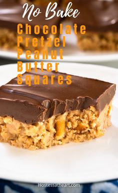 no bake chocolate pretzel peanut butter squares on a white plate with text overlay