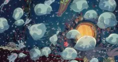 an animated scene with many jellyfish in the water