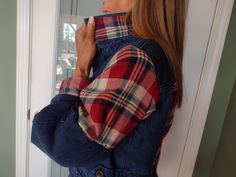 Adorable plaid jean jacket with an extra added puff of plaid on the sleeve and more added on the back, which will turn heads as they watch you walk by!  This is a newly added creation just in time for Fall - there's nothing like it out there!  This jacket is a size medium and has a bit of stretch to it and the length is about 25 inches which will add to warmth in the cool days.   This won't last long - I could hardly keep it from the model who wanted to buy it! Plaid Jeans, Winter Styles, Jacket Denim, Long I, Denim Jean Jacket, Fall Jackets, Walking By