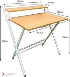 a wooden desk with metal legs and measurements for the top half, bottom half and bottom half