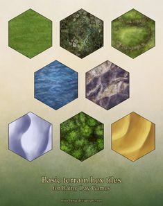 a book cover with six different colored hexagons in each corner and the words basic terrain have tiles written on them