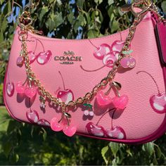 Cute Coach Bag, Coach Bag With Charms, Coach Bag Charm, Coach Bags Aesthetic, Pink Designer Bags, Cherry Purse, Cherry Bag