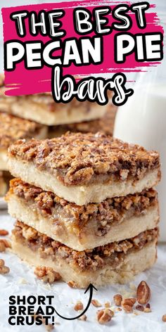 the best pecan pie bars are stacked on top of each other