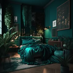 a bedroom with green walls and plants in the corner