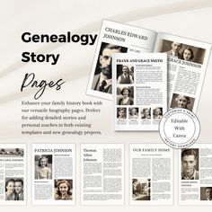 an image of a magazine with photos and captions on the front cover that reads, genealelogy story pages enhance your family history book with our