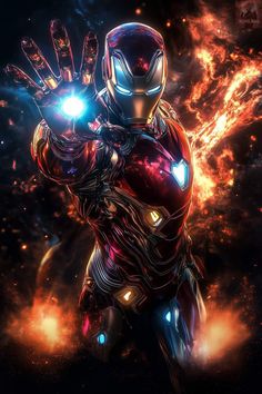 an iron man in the midst of fire with his hands out and glowing from behind