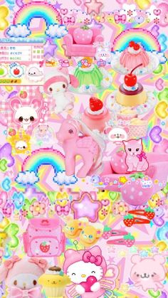 many different items are arranged in the same pattern on this pink background, including cupcakes and teddy bears