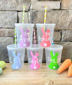 plastic cups with bunny ears, carrots and name on them