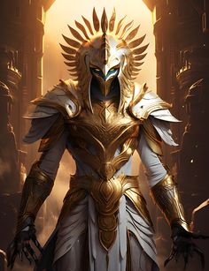 an egyptian warrior standing in front of a golden sun with his hands on his hips