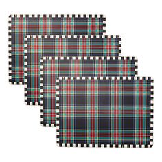 three plaid placemats in various colors and patterns