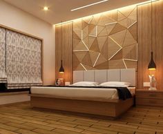 a modern bedroom with wood flooring and white walls