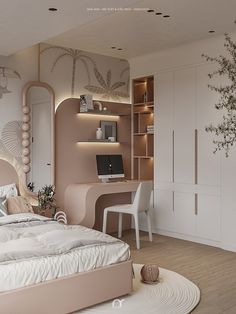 a bedroom with a bed, desk and shelves