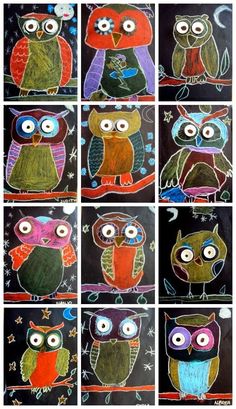 six different colored owls are shown on black paper