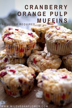 cranberry orange pulp muffins on a cutting board with text overlay