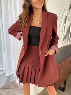 Elegant and casual long jacket with a matching pleated skirt. Shaped by an oversized collar and long sleeves, this jacket has lovely detail. Perfect for everyday, b-day party or evening dinner it will look perfectly with high knee shoes or elegant high heels. A.P.Line is more than just a custom-made clothing brand; we are the style experts, the design gurus and the professional seamstresses readily at your service. Express your individuality with a bit of modern luxury that has been tailored fro Professional Skirts Business, Formal Skirt Suits For Women, Luxury Elegant Career Skirt Suit, Formal Pleated Blazer For Fall, Pleated Formal Blazer For Fall, Pleated Long Sleeve Fall Blazer, Formal Pleated Outerwear For Fall, Pleated Formal Outerwear For Fall, Pleated Long Sleeve Formal Outerwear