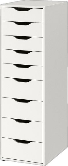 a white cabinet with five drawers and six black lines on the bottom drawer's sides