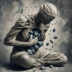 an artistic drawing of a person wrapped in rope and rocks with their hands on the ground