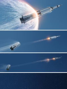 three different shots of rockets flying in the sky with stars around them and an earth background