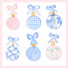 christmas ornaments with bows and ribbons on them in pastel blue, pink and white