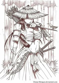 a drawing of a woman with an umbrella on her head and holding two swords in her hand