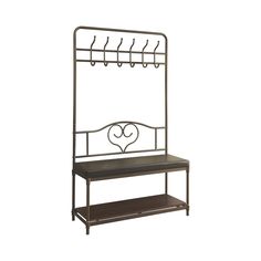 a metal rack with two shelves and hooks on the top, one shelf has a bench underneath it