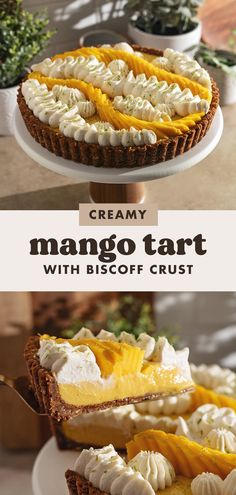 a dessert is shown with the words creamy mango tart and biscuit crust