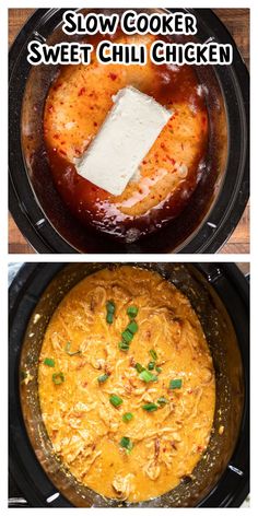 slow cooker sweet chili chicken recipe in the crock pot and then topped with cheese