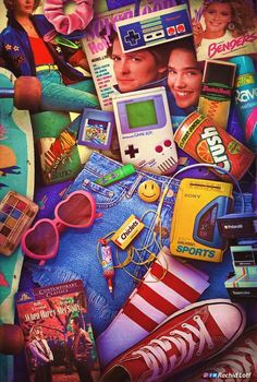 an advertisement for the nintendo game boy, featuring various items including shoes and other accessories