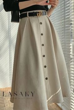 Lasaky - Chic Autumn Essentials: High-Waisted White Faux-Leather Midi A-Line Skirt with Pleated Hem Suede Skirt Outfit, Nylon Skirt, Velvet Midi Skirt, Midi Skirt Set, Southern Fashion, Midi Skirt Outfit, Cute Modest Outfits, Umbrella Skirt, Professional Outfits Women