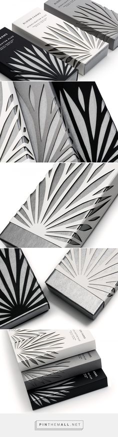 four different types of business cards with black and white designs on the front, one is folded