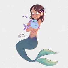 a little mermaid holding a stuffed animal in her hands