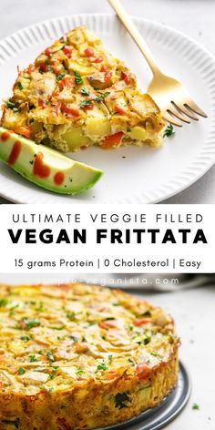 the ultimate veggie filled vegan frittata on a plate with a fork