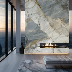 a living room with marble walls and flooring