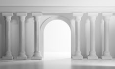 an empty room with columns and arches in black and white 3d rendering, interior scene